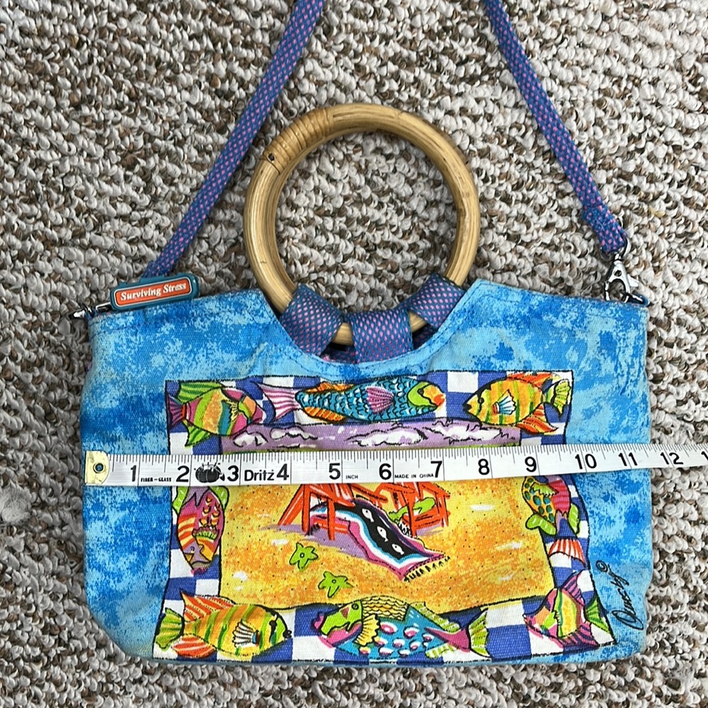 Colorful Beach Scene Handbag with Wooden Ring Handles - Multicolor - Picture 15 of 16